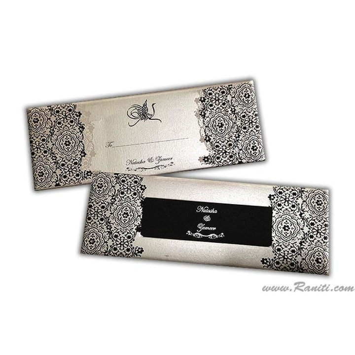 Three Fold Hard Cover Black and White Pearl Damask Print Custom Invitation Card AMH-42 freeshipping - Raniti LLC - Custom Invitations & Stationery