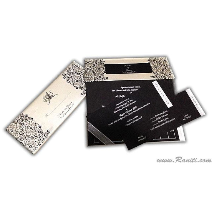 Three Fold Hard Cover Black and White Pearl Damask Print Custom Invitation Card AMH-42 freeshipping - Raniti LLC - Custom Invitations & Stationery