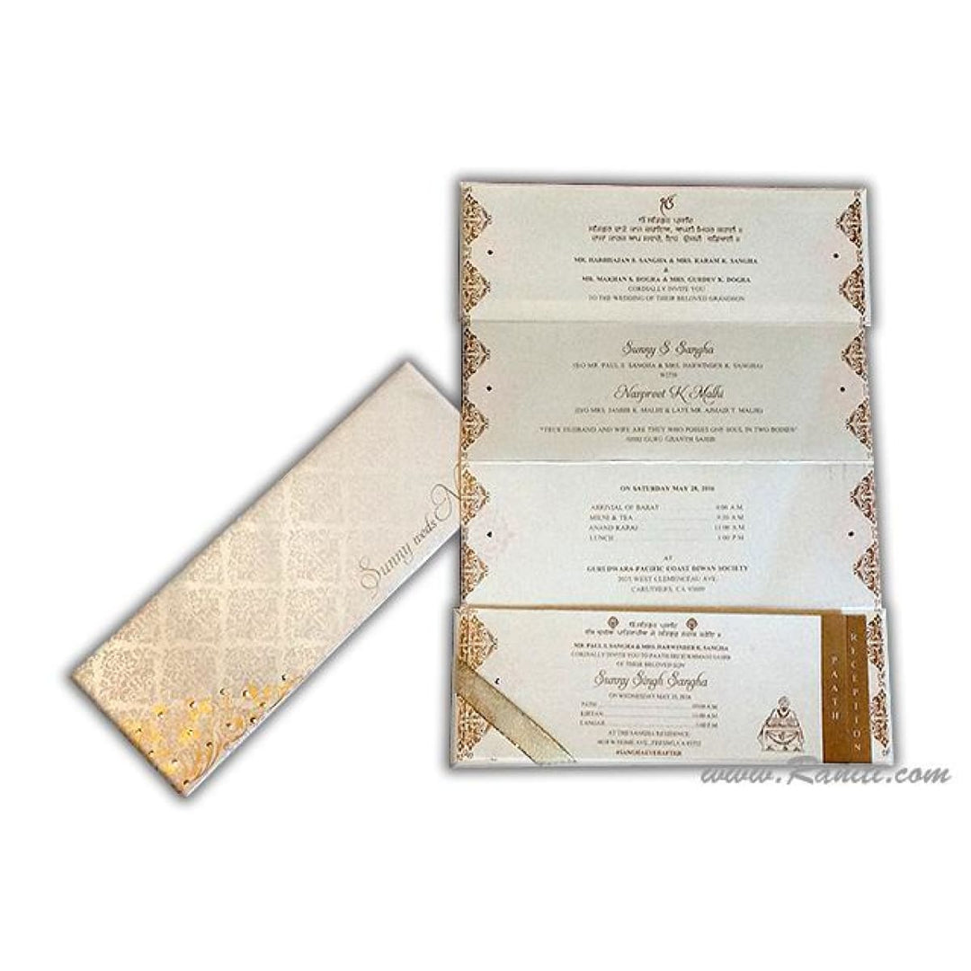 Three Fold Hard Cover White Pearl Damask Print Laser Cut Names Custom Invitation Card AMHL-158 freeshipping - Raniti LLC - Custom Invitations & Stationery