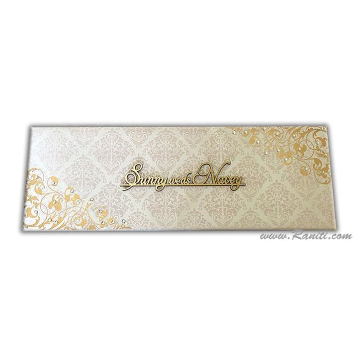 Three Fold Hard Cover White Pearl Damask Print Laser Cut Names Custom Invitation Card AMHL-158 freeshipping - Raniti LLC - Custom Invitations & Stationery