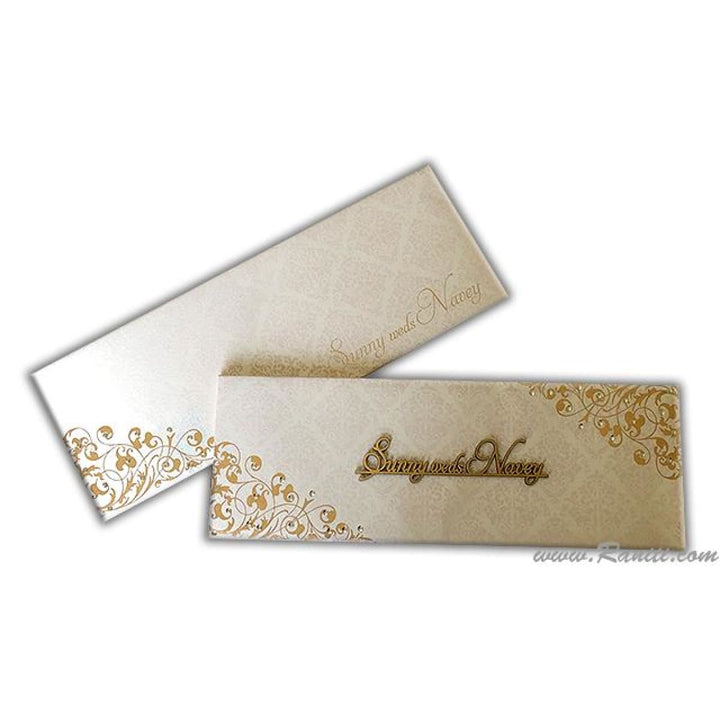 Three Fold Hard Cover White Pearl Damask Print Laser Cut Names Custom Invitation Card AMHL-158 freeshipping - Raniti LLC - Custom Invitations & Stationery