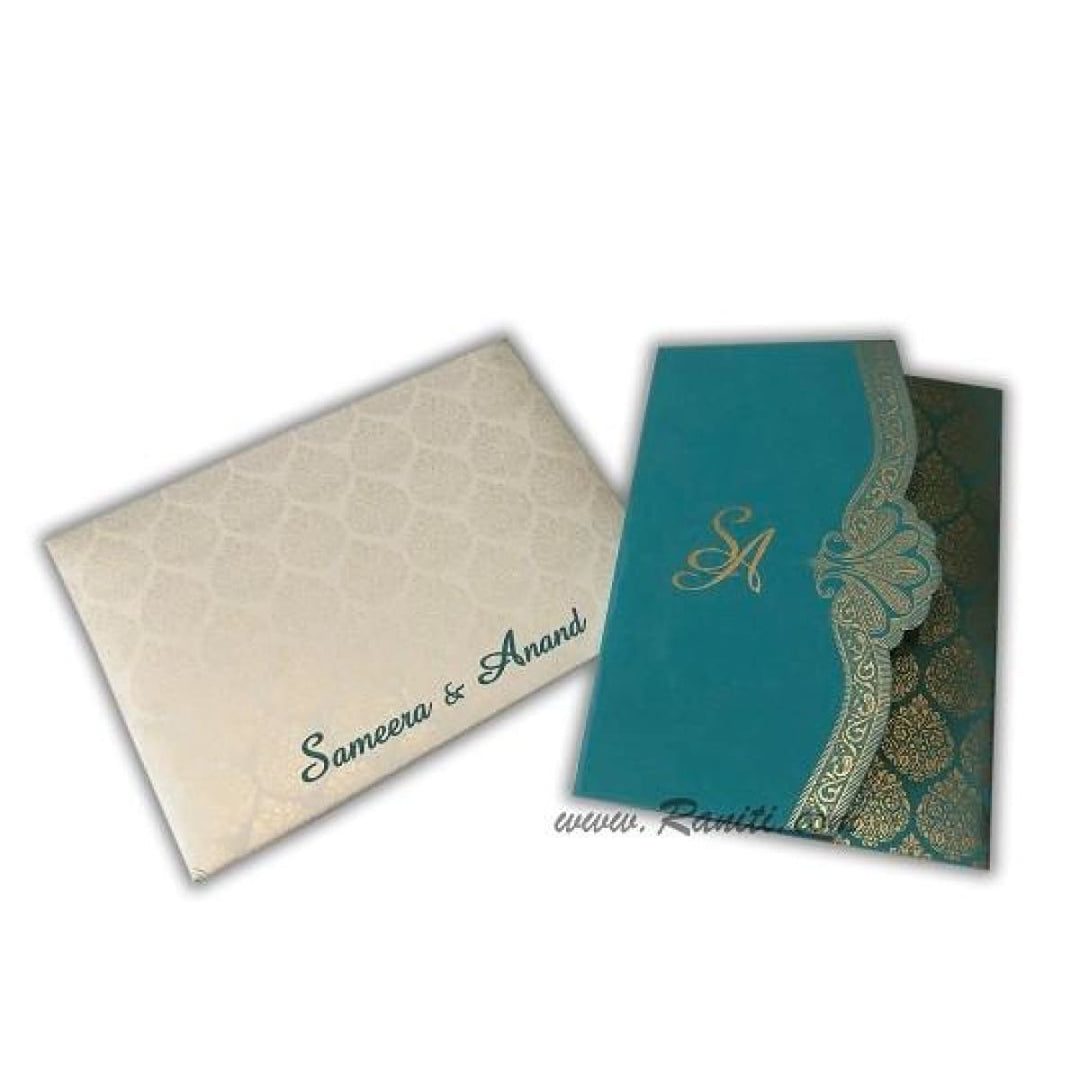 Trifold His and Her Teal and White Custom Invitation Card, Bride & Groom Invitation AM-388 freeshipping - Raniti LLC - Custom Invitations & Stationery