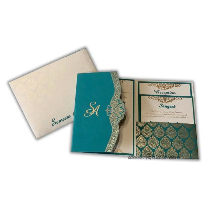 Trifold His and Her Teal and White Custom Invitation Card, Bride & Groom Invitation AM-388 freeshipping - Raniti LLC - Custom Invitations & Stationery