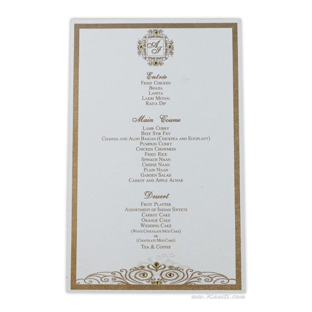 White and Golden Custom Reception Dinner Classic Menu Card with Rhinestones AMMC-14 freeshipping - Raniti LLC - Custom Invitations & Stationery