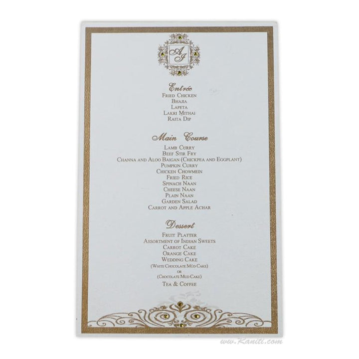 White and Golden Custom Reception Dinner Classic Menu Card with Rhinestones AMMC-14 freeshipping - Raniti LLC - Custom Invitations & Stationery