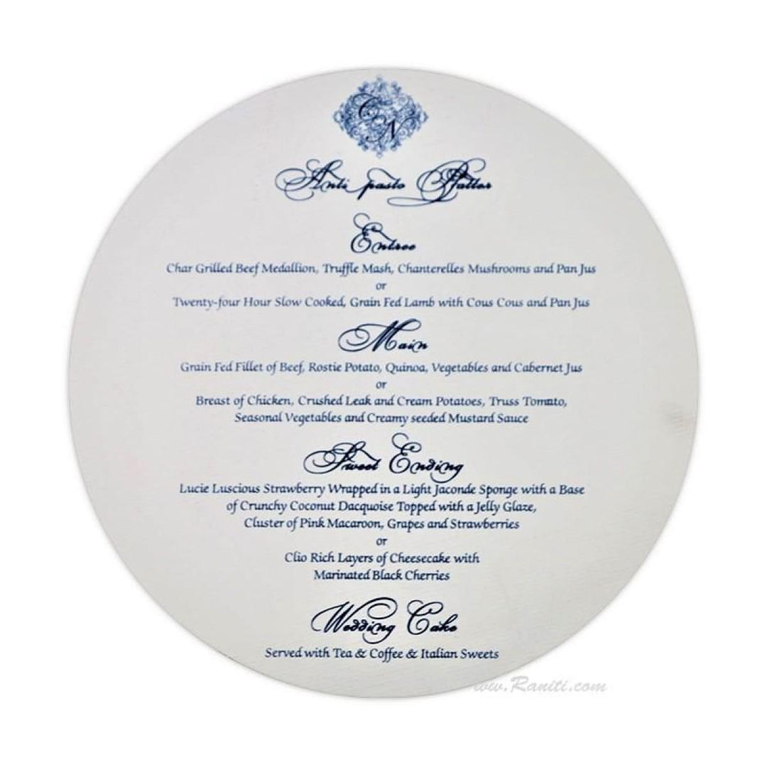 White Elegant Circle Round Classic Wedding Reception Menu Card | Round Menu Card for Reception Dinner AMMC-12 freeshipping - Raniti LLC - Custom Invitations & Stationery