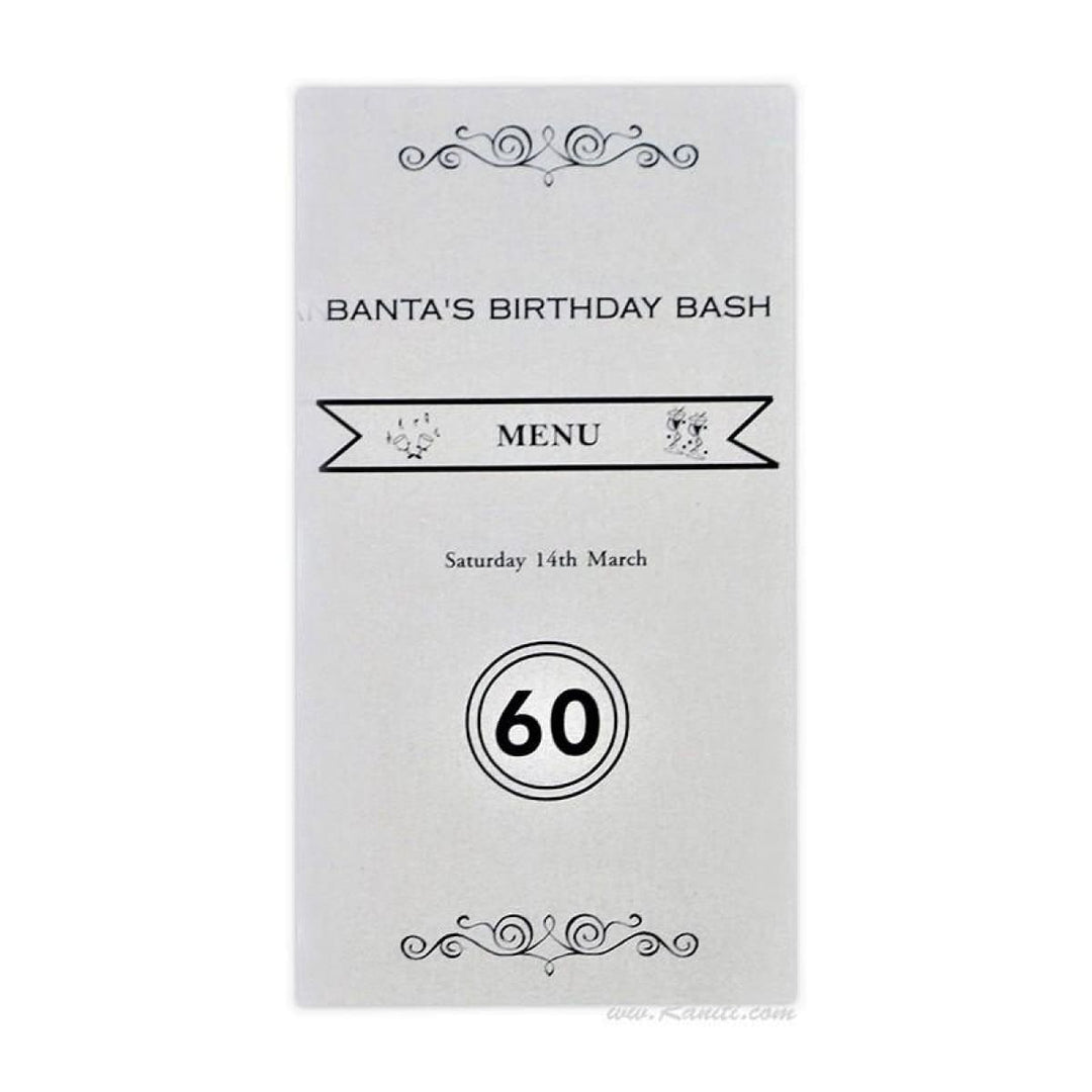 White folded black 60th Birthday Dinner Menu Card | White Folded Menu Card for Dinner AMMC-7 freeshipping - Raniti LLC - Custom Invitations & Stationery