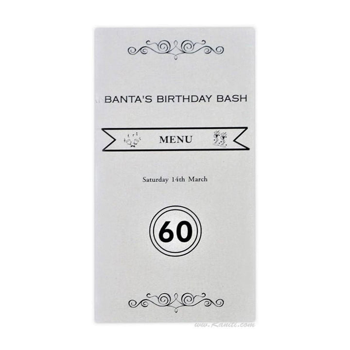 White folded black 60th Birthday Dinner Menu Card | White Folded Menu Card for Dinner AMMC-7 freeshipping - Raniti LLC - Custom Invitations & Stationery