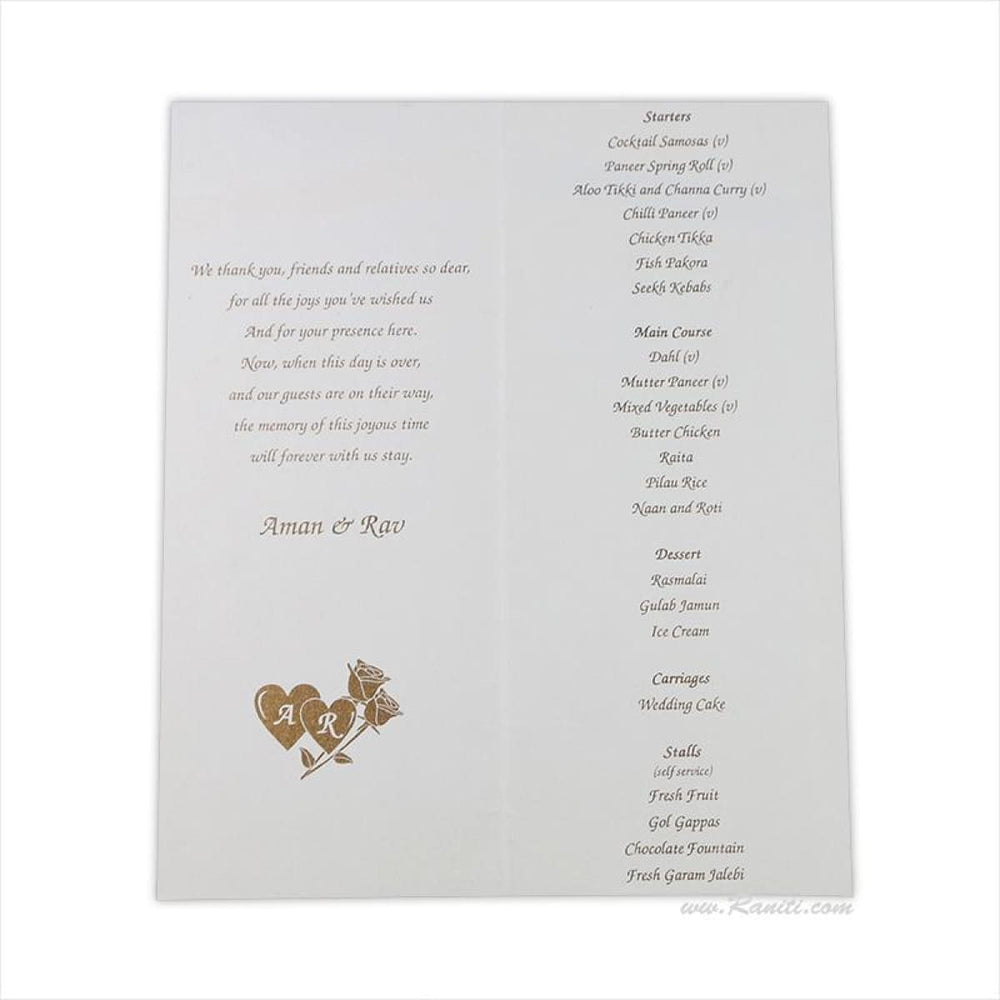 White Paisley Theme Wedding Reception Menu Card | White Folded Menu Card for Reception Dinner AMMC-2 freeshipping - Raniti LLC - Custom Invitations & Stationery