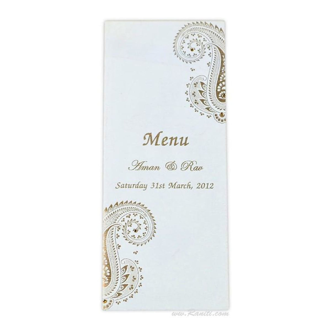 White Paisley Theme Wedding Reception Menu Card | White Folded Menu Card for Reception Dinner AMMC-2 freeshipping - Raniti LLC - Custom Invitations & Stationery