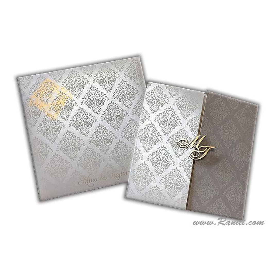 White Square Laser Cut Initials Gatefold His and Her Custom Invitation Card, Bride and Groom Matching Invitation Set AML-255 freeshipping - Raniti LLC - Custom Invitations & Stationery